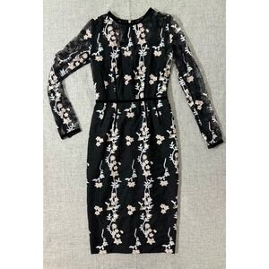 Bronx & Banco Women Dress Medium 6 Black Floral Lace Midi Velvet Trim Zip